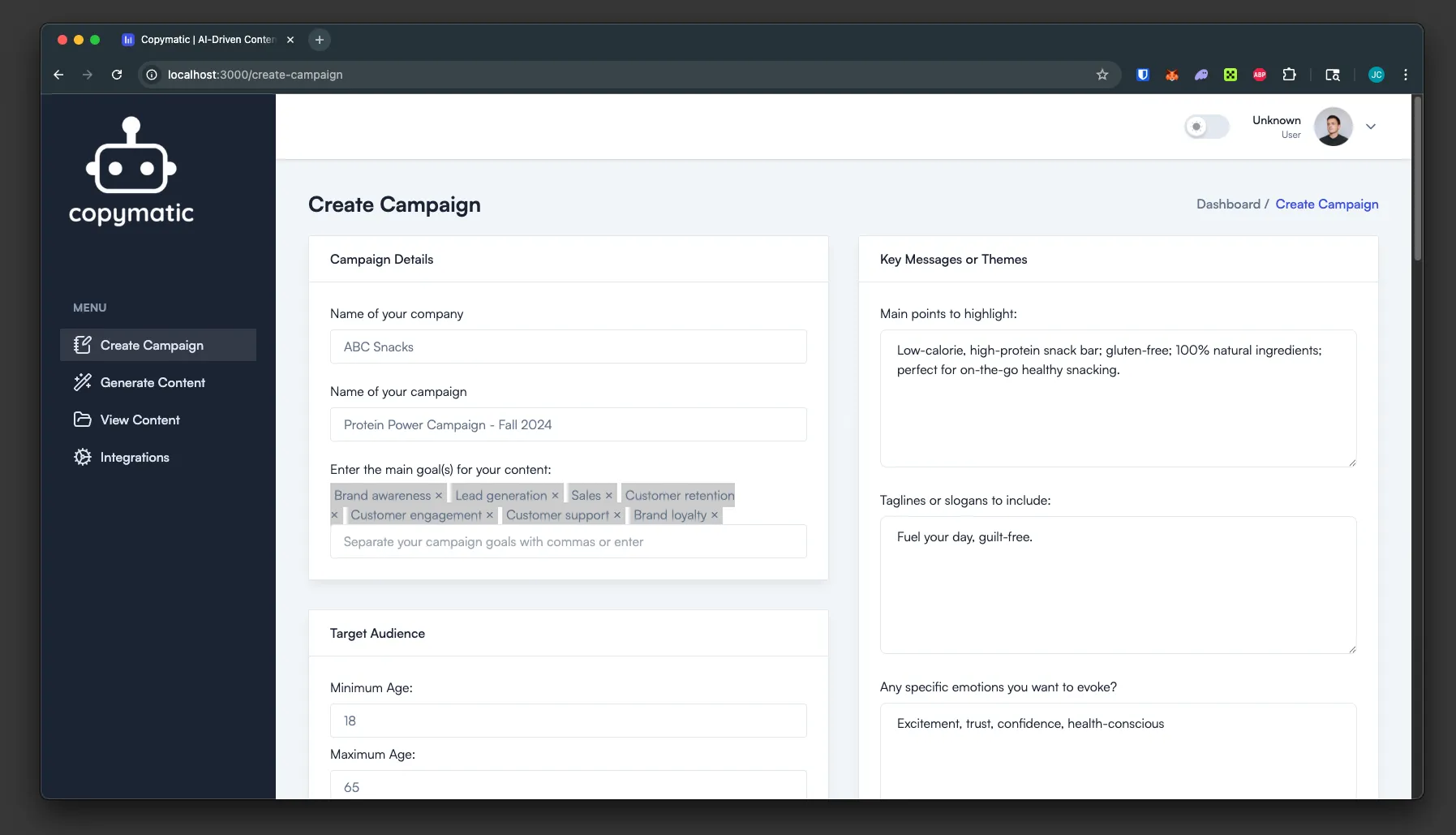 Copymatic campaign creation UI