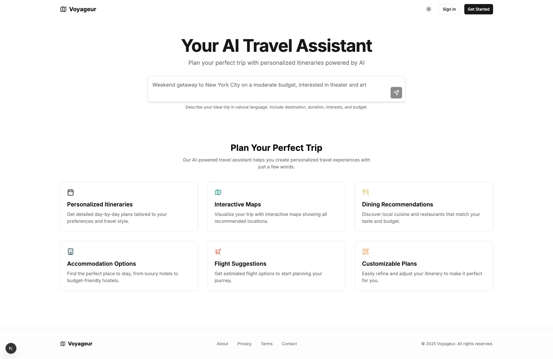 Voyageur AI Travel Assistant Homepage