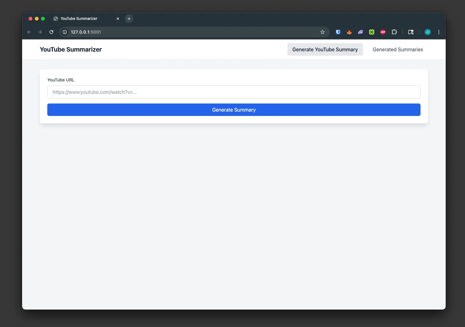 YouTube Summarizer - Enter URL UI