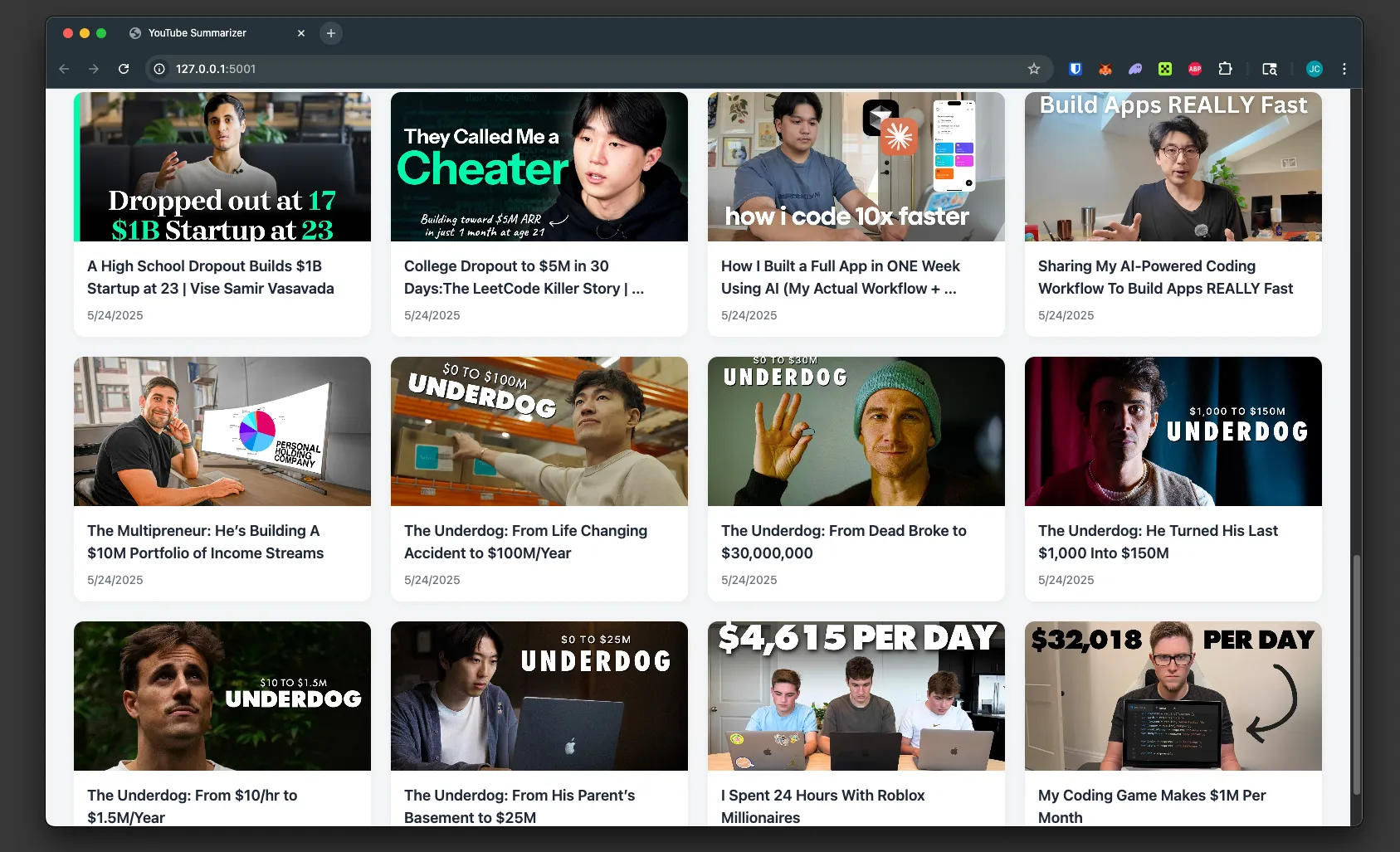 YouTube Summarizer - Results Grid