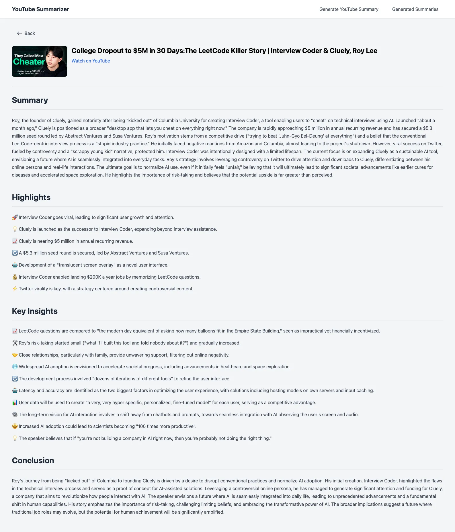 YouTube Summarizer - Generated Summary Example